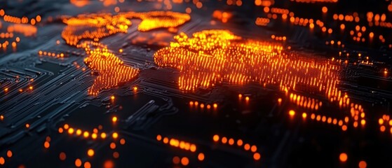 Glowing orange digital world map made of illuminated points on a dark futuristic circuit board surface, conveying technology and connectivity