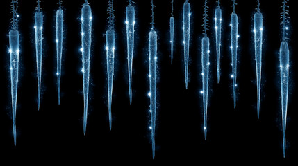 Frozen-inspired icicle LED lights emitting cool bluish glow, isolated transparent PNG background ideal for frosty winter designs, magical Christmas nights, and holiday event invitations clearly 
