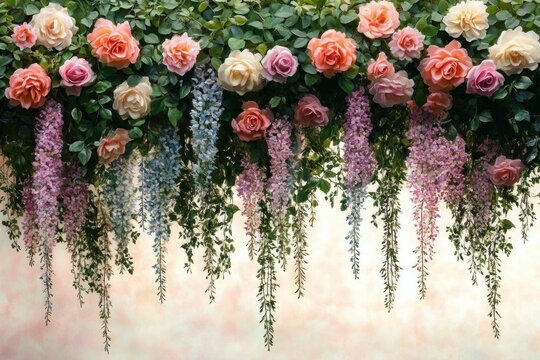A lush horizontal arrangement of cascading pink, peach, cream, and purple roses intertwined with hanging green foliage and delicate purple and blue wisteria blossoms against a soft pastel background