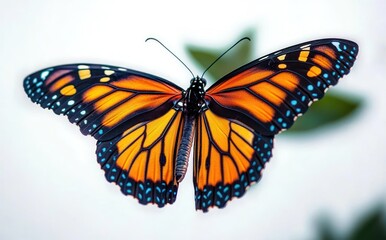 Fototapeta premium Close-up of a vibrant orange and black butterfly with blue and white wing markings resting with wings fully open on a blurred natural background