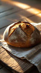 Freshly Baked Sourdough Bread on a Wooden Table in Sunlight - AI Generated