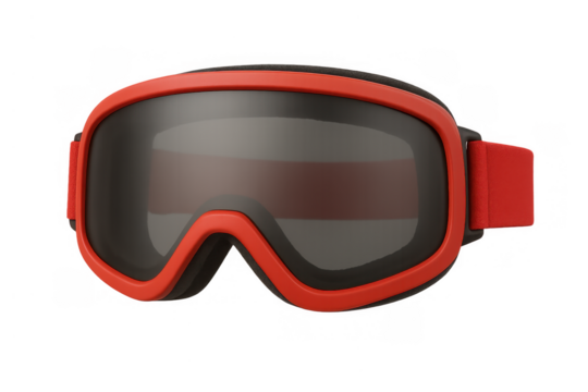 Red ski goggles, black lens, protecting eyes, enjoying winter sports, snowboarding, alpine skiing, snow activities, 3d icon