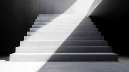 Fototapeta premium Minimalist concrete staircase illuminated by a diagonal beam of light in a dark modern architectural space conveying contrast and depth