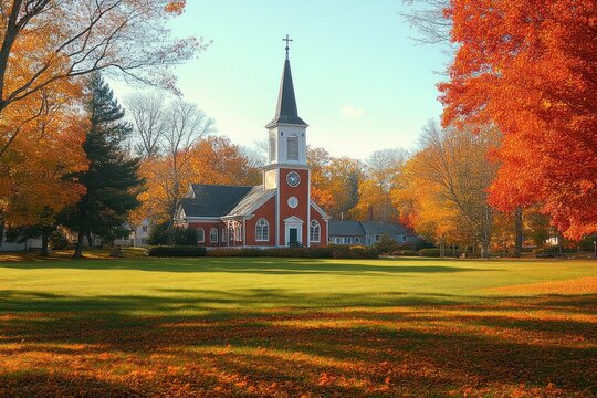 Red brick church with white steeple and clock surrounded by colorful autumn trees and green grass under a clear sky - Powered by Adobe