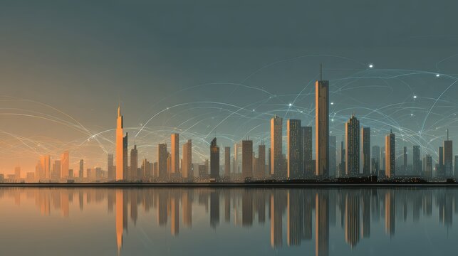 Modern City Skyline at Sunrise with Digital Connectivity Overlay