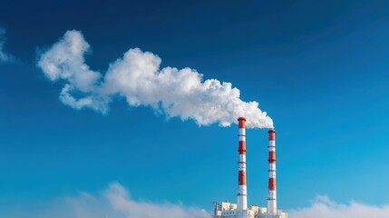 Industrial Power Plant with Red and White Chimneys Against Blue Sky