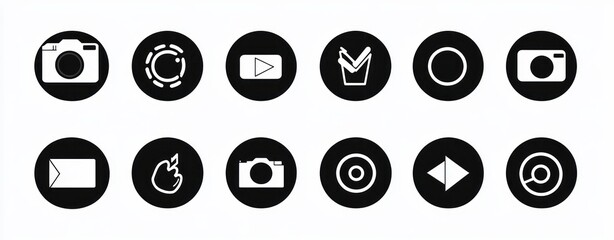 Set of twelve black circular icons with white graphic symbols representing camera, loading, video play, checklist, record, email, fire, target, and navigation elements
