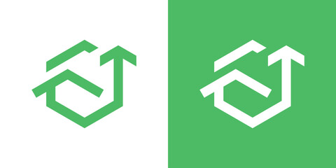 Obraz premium A modern logo combining a home and upward arrow, symbolizing growth, success, and real estate investment.