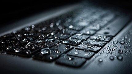 Tech Meltdown: A close-up shot of a laptop keyboard glistening with droplets, highlighting the intersection of technology and water. The image evokes a sense of both elegance and vulnerability.