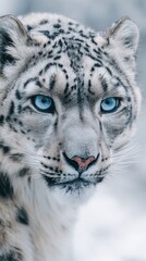 Obraz premium Majestic Snow Leopard Close-Up with Striking Blue Eyes in Winter