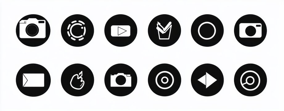 Set of twelve black circular icons with white graphic symbols representing camera, loading, video play, checklist, record, email, fire, target, and navigation elements