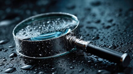 Magnifying Glass in Spotlight: Close-up of a magnifying glass on a wet, reflective surface, suggesting exploration and discovery. The scene, with water droplets, offers a sense of intrigue.