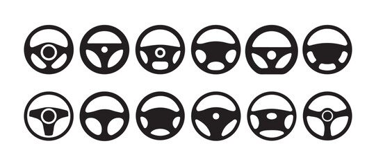 Black steering wheel graphic set icon. Cars handle automobile driving in flat style logo for apps or websites, vector illustration eps 10