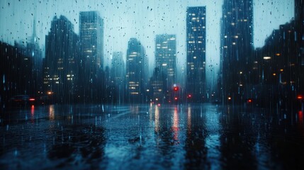 city skyline blurred by heavy rain with reflections on wet pavement and glowing lights from tall buildings in a moody evening atmosphere