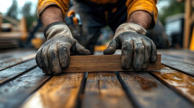 Close-up of a person wearing work gloves carefully placing a wooden plank on a wooden surface during construction or woodworking in an outdoor setting