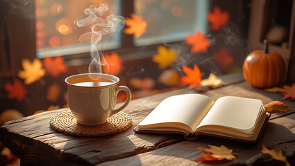 Cozy Autumn Scene: Steaming Mug, Open Book, and Fall Leaves - AI Generated