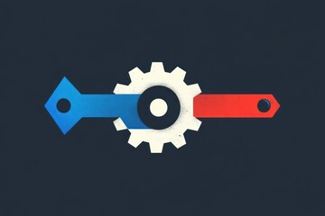 Blue and red wrench handles connected by a white gear on a dark background symbolizing teamwork or collaboration