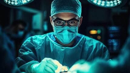 focused surgeon in protective gear performing surgery under bright operating lights in a dimly lit operating room