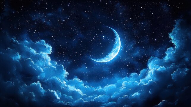 A bright crescent moon shining through fluffy blue clouds surrounded by a starry night sky, evoking a sense of calm and wonder
