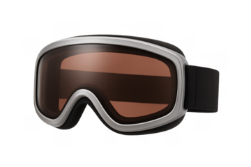 Ski goggles with brown lens and silver frame ready for winter mountain sports activity on transparent background
