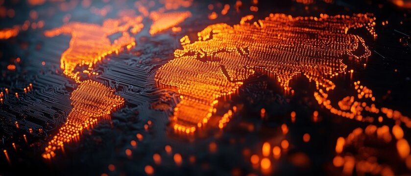 Close-up of a digital world map showing continents as glowing orange illuminated circuits on a dark background, representing technology and data connectivity
