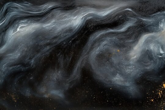 Swirling flowing smoke or mist patterns with golden specks on a dark background creating a mysterious and ethereal atmosphere