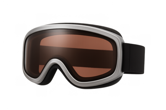 Ski goggles with brown lens and silver frame ready for winter mountain sports activity on transparent background