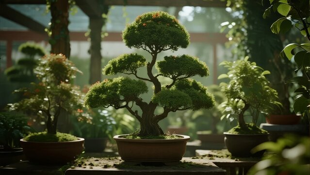 Bonsai trees displayed in terracotta pots within a greenhouse setting, featuring lush green foliage and natural lighting.