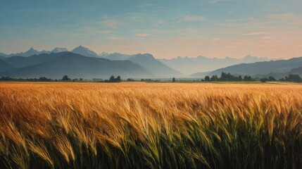 Golden Wheat Field Under Blue Sky with Mountains in Background