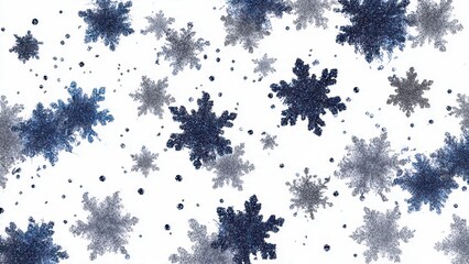 Abstract design of scattered snowflakes in varying shades of blue and gray on a white background