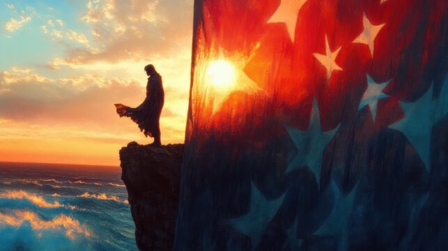 Silhouette of a person standing on a rocky cliff near crashing ocean waves with a large translucent red and blue flag featuring stars illuminated by a vibrant sunset sky