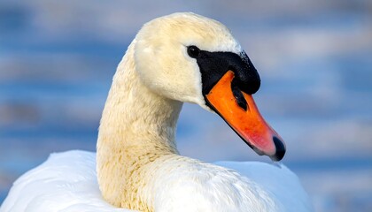 Close-up profile portrait of a swan with ivory plumage and vivid beak