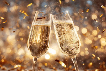Sparkling champagne cheers with golden confetti celebrate special moments and new beginnings, perfect for festive events and joyous gatherings