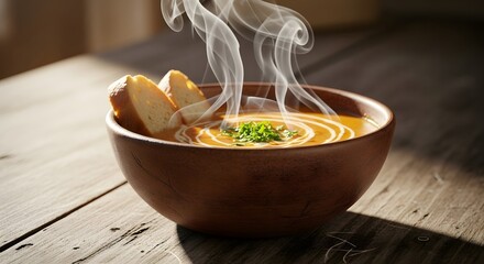 A rustic wooden bowl of hot, steaming creamy vegetable soup with fresh herbs and crusty bread on a wooden table.