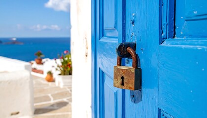 Bright blue door with a rusty padlock overlooking ocean and stone path