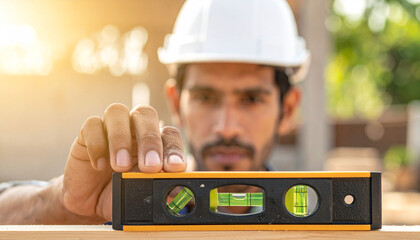 Carpenter Using Spirit Level for Wood Alignment          