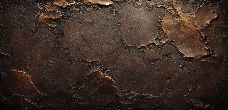 Close-up of a textured brown and dark rust-colored cracked surface with rough uneven patches and peeling areas giving an aged and weathered feel