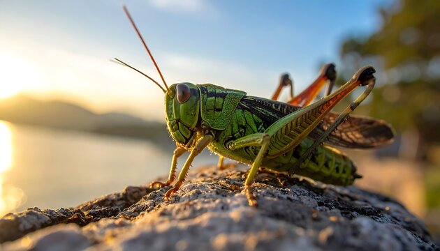 Close-up view of a green grasshopper on a rock with sunset backdrop - Powered by Adobe