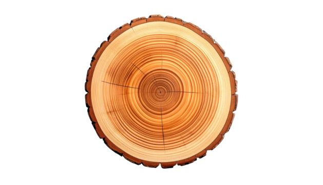 Wood slab shows rings and texture of tree's history. Isolated on black background