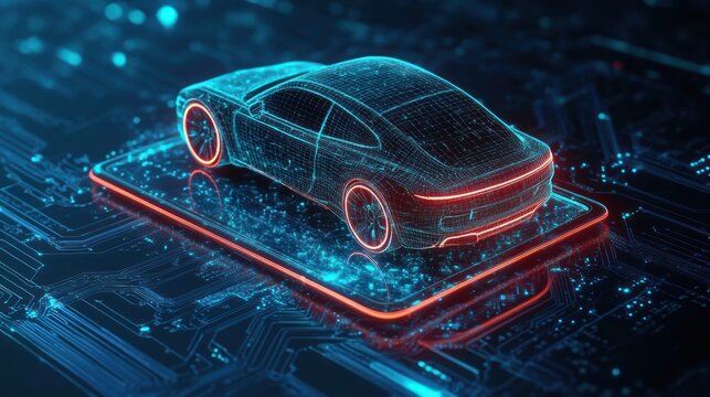 Futuristic glowing digital wireframe car model displayed on a smartphone with blue and orange neon circuitry background representing advanced automotive technology and innovation - Powered by Adobe