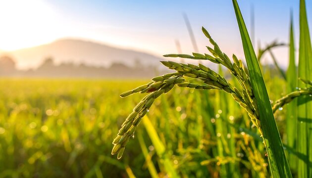 Close-up of rice plant with blurred field & mountain backdrop