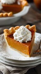Delicious Pumpkin Pie Slice with Whipped Cream on a Plate