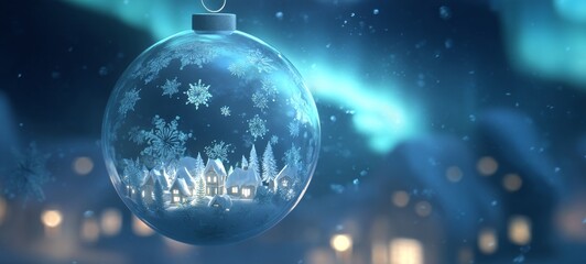 Magical Christmas ornament ball with giant glowing snowflakes dancing above winter village, children catching snow, northern lights, whimsical dreamy atmosphere, soft glowing glass texture