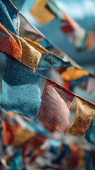 Fototapeta premium Colorful Prayer Flags Flowing in the Wind Against a Bright Sky