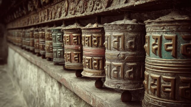 Ancient Prayer Wheels in a Himalayan Monastery Setting