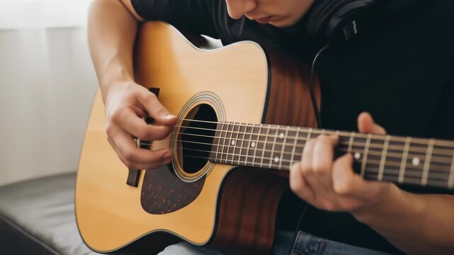 A person plays acoustic guitar, with headphones around their neck, in a well-lit space