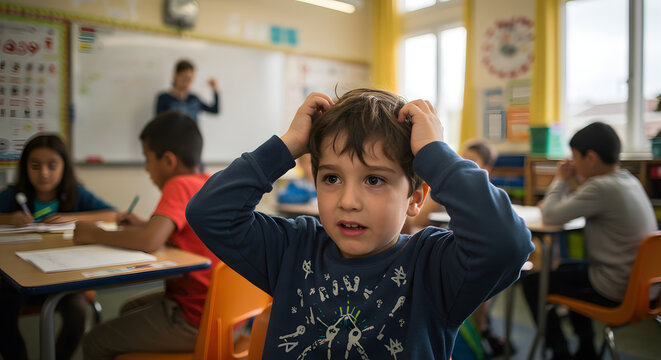 Stressed Child in Classroom Holding Head, ADHD Learning Difficulty Education Concept Photography