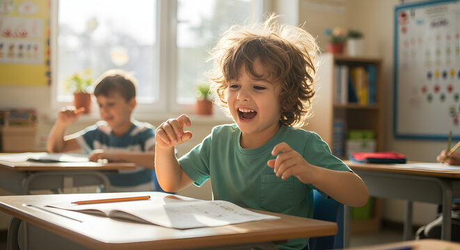 Stressed Child in Classroom Holding Head, ADHD Learning Difficulty Education Concept Photography