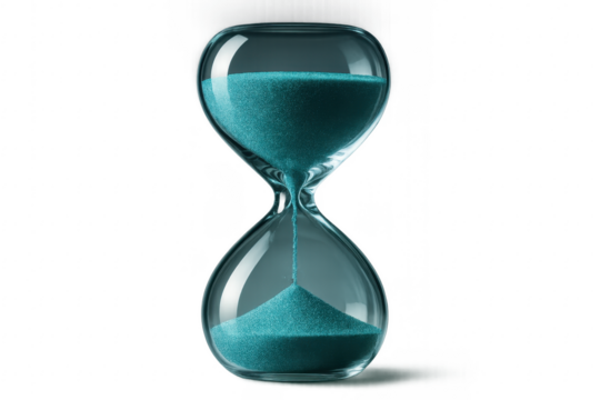 Hourglass with turquoise sand measuring passing time