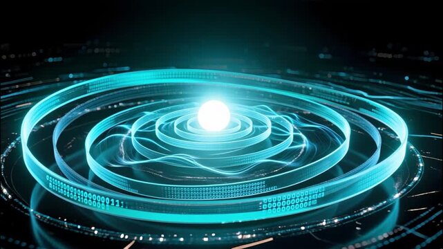 Glowing digital rings with binary code orbit bright sphere futuristic technology concept featuring vibrant blue glowing sphere